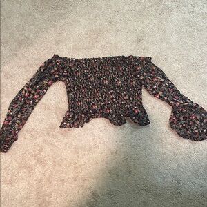 Lush Black and White Smocked Ruffled Long Sleeve Crop Top Blouse